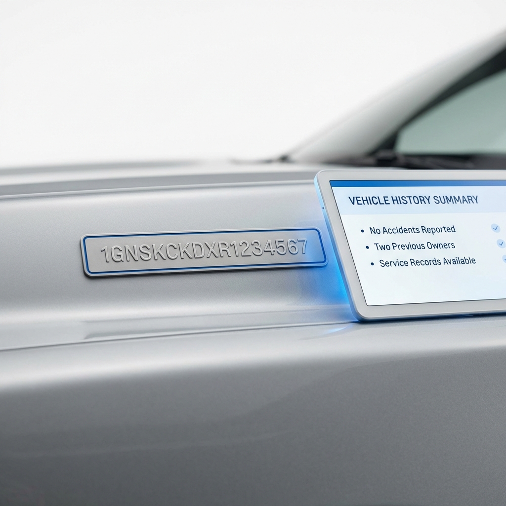 Close up VIN plate on SUV next to tablet showing vehicle history summary for kia close to me in CarFax Deals clean blue and white style