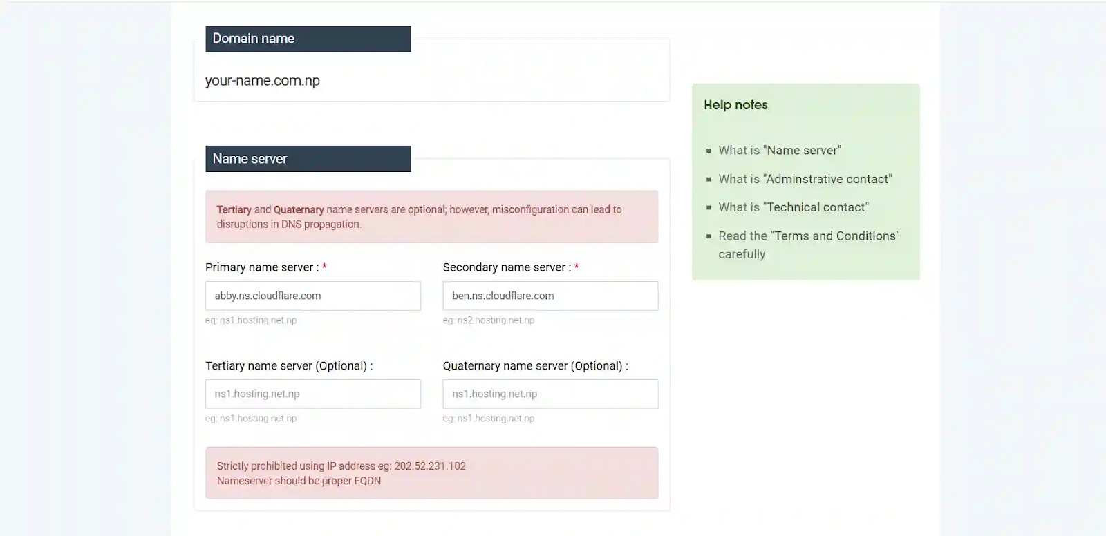 Mercantile register.com.np domain registration form with placeholder nameservers