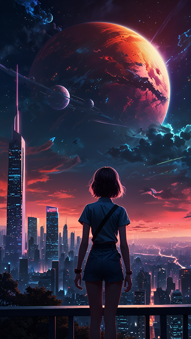 Girl Gazing at Red Planet Over Neon City Skyline