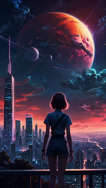 Girl Gazing at Red Planet Over Neon City Skyline - Free mobile Wallpaper