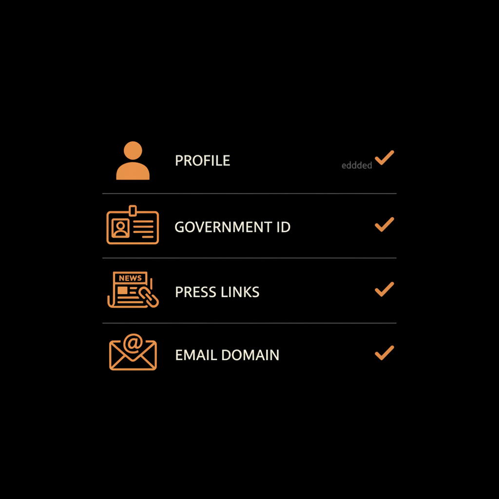 Minimal checklist infographic for blue check eligibility showing icons for profile, ID, press links, and email domain on a black full-bleed background with gray dividers and orange accents.