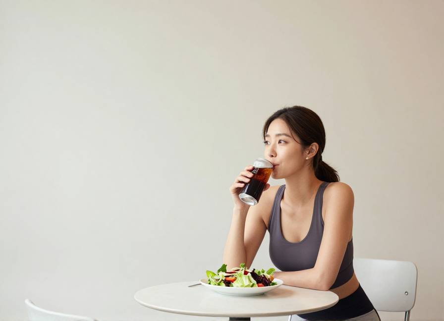 카페에서 제로 콜라를 마시며 건강한 샐러드를 앞에 둔 한국 여성