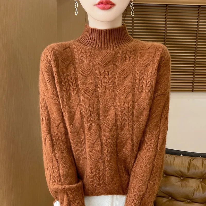 Women's Knit Sweater, Stand-Up Collar, Cable Pattern, 3D Effect