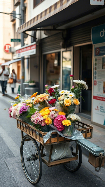 Vibrant Flower Cart Street Market Urban Scene Bouquets - Free mobile Wallpaper