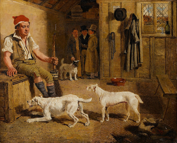 An Interior Scene With A Servant And Parson Jack Russell Hunt Terriers