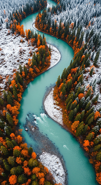 Turquoise River Autumn Snow - Free mobile Wallpaper