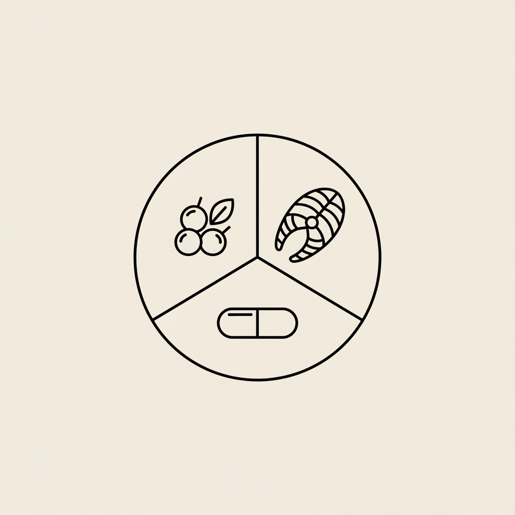 Minimal Tonum-style line illustration of a divided plate showing fish fillet, berries cluster, and capsule on beige background, illustrating how to speed up weight loss naturally