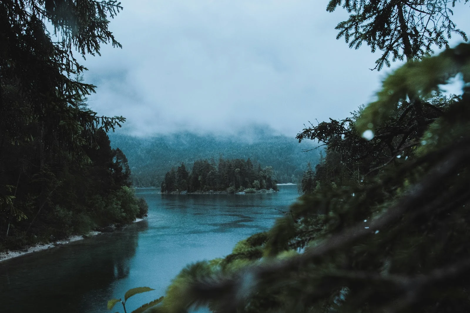 Misty Lake And Pine Island - Nature Photography 5K Wallpaper (5863x3909)