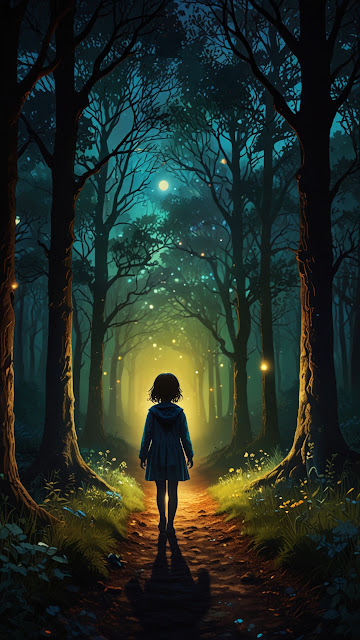 Child walks down glowing forest path under starry night sky - Free mobile Wallpaper