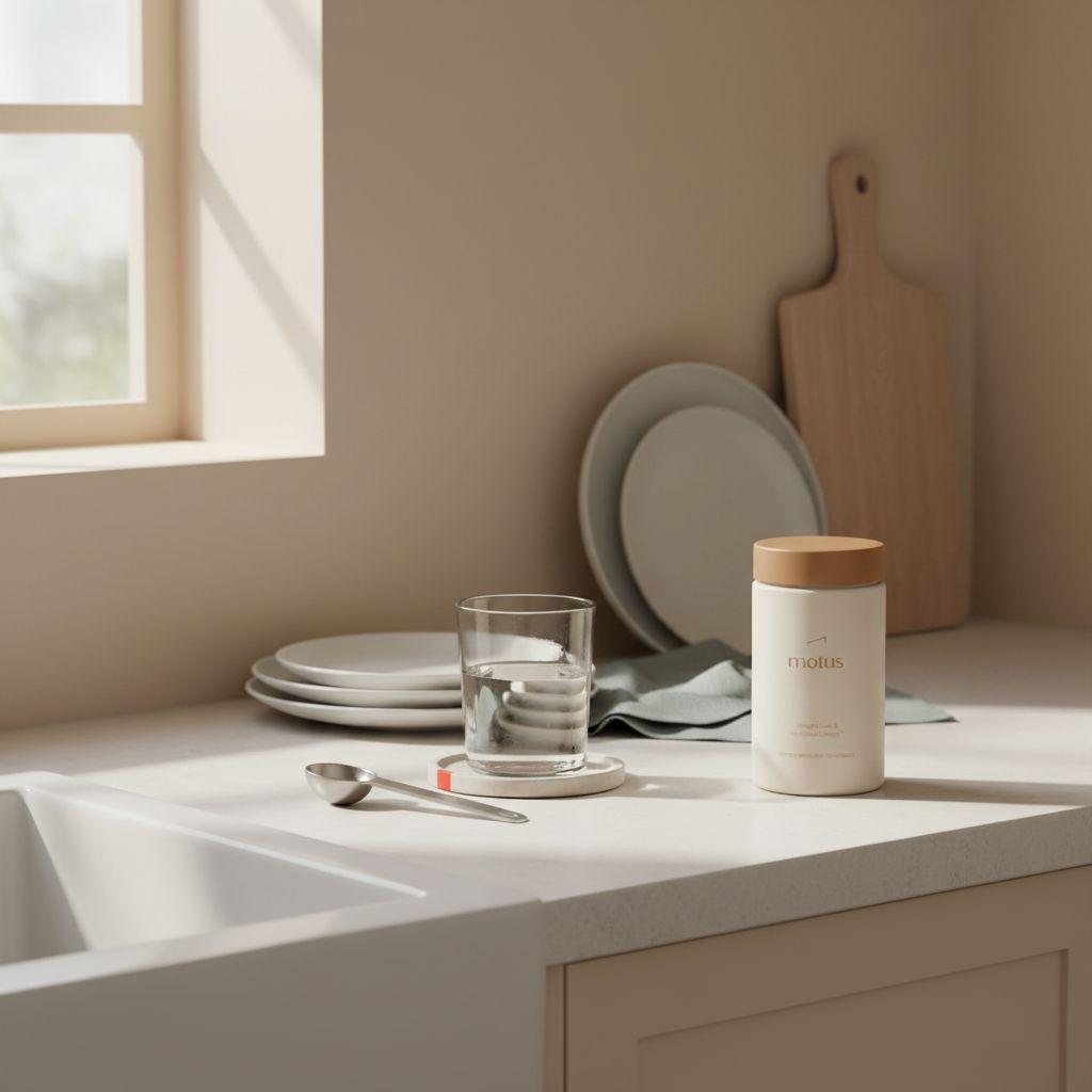 Minimalist kitchen counter with Tonum Motus supplement container beside a measuring spoon and glass of water, illustrating everyday use and asking are weight loss pills safe