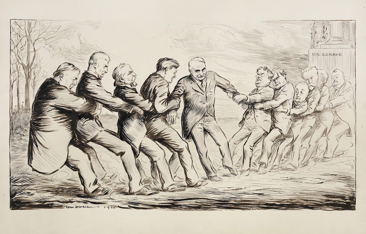 Two groups of men in suits play tug of war in front of the US Senate building 19
