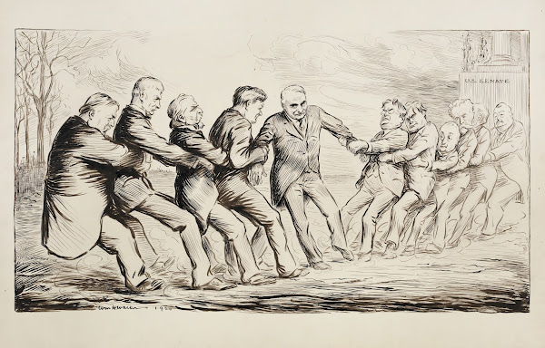 Two groups of men in suits play tug of war in front of the US Senate building 19