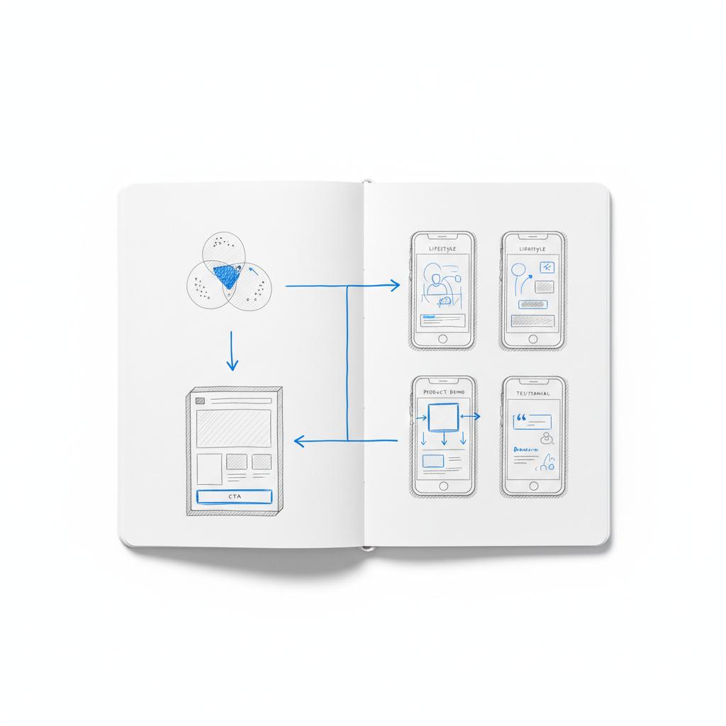 Sketchbook spread with three vertical mobile ad thumbnails, a small audience Venn diagram and a landing page wireframe illustrating instagram ads ROI planning with blue highlights.