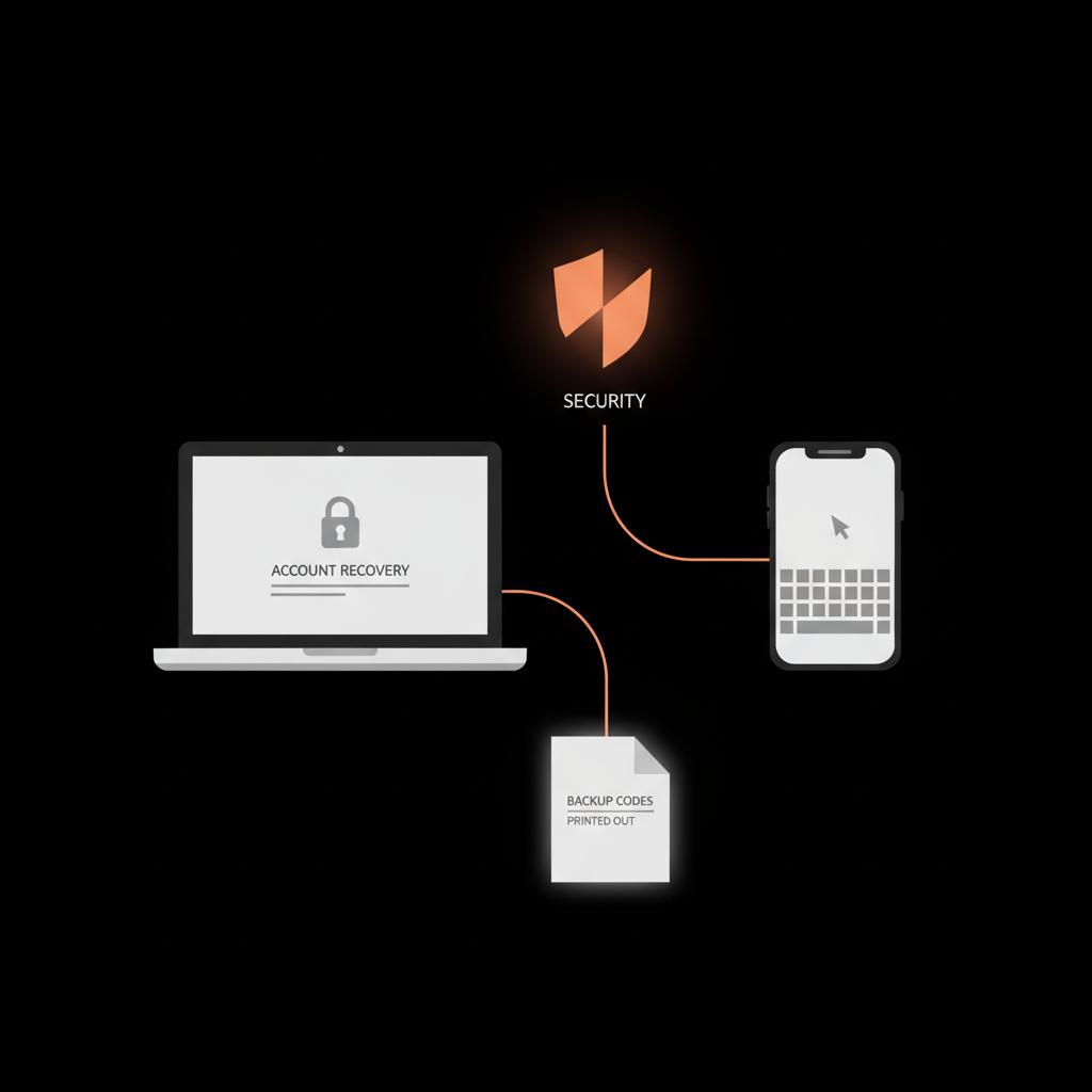 Full-frame minimalist infographic of laptop, phone, paper backup codes and shield glow conveying gmail password recovery steps on a black background