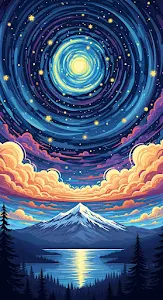 Cosmic Swirl Sky Over Snowcapped Mountain Lake