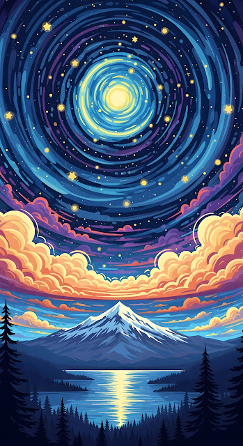 Cosmic Swirl Sky Over Snowcapped Mountain Lake - Free mobile Wallpaper