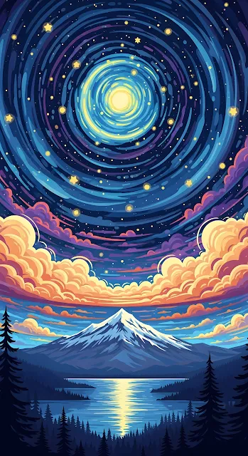 Cosmic Swirl Sky Over Snowcapped Mountain Lake