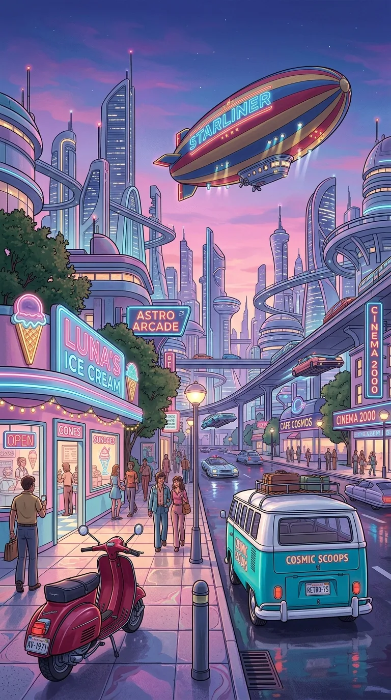 Retro-Futuristic 1970s City with Ice Cream Parlor and Blimp - Free 4K mobile Wallpaper