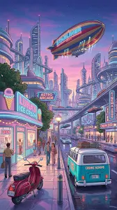 Retro-Futuristic 1970s City with Ice Cream Parlor and Blimp