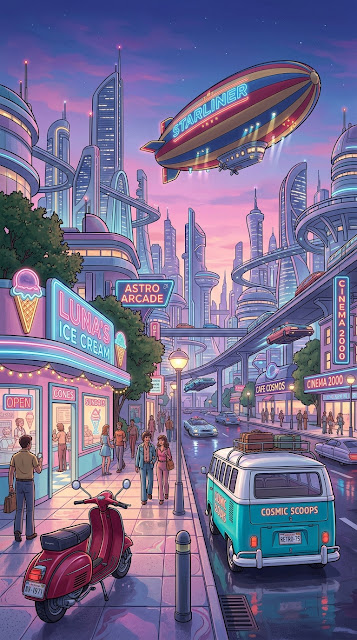 Retro-Futuristic 1970s City with Ice Cream Parlor and Blimp - Free mobile Wallpaper