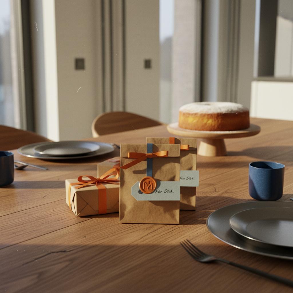 Intime Detailaufnahme eines Esstisches mit Geschenkverpackungen, Kraftpapiersäckchen und Vanillekuchen – minimalistischer stil für einen Adventskalender für Männer in warmer Steelmonks-Ästhetik
