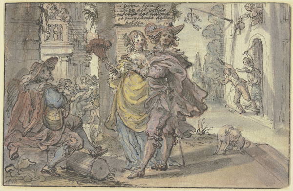 Elegantes Paar mit einem Guitarrenspieler 1642