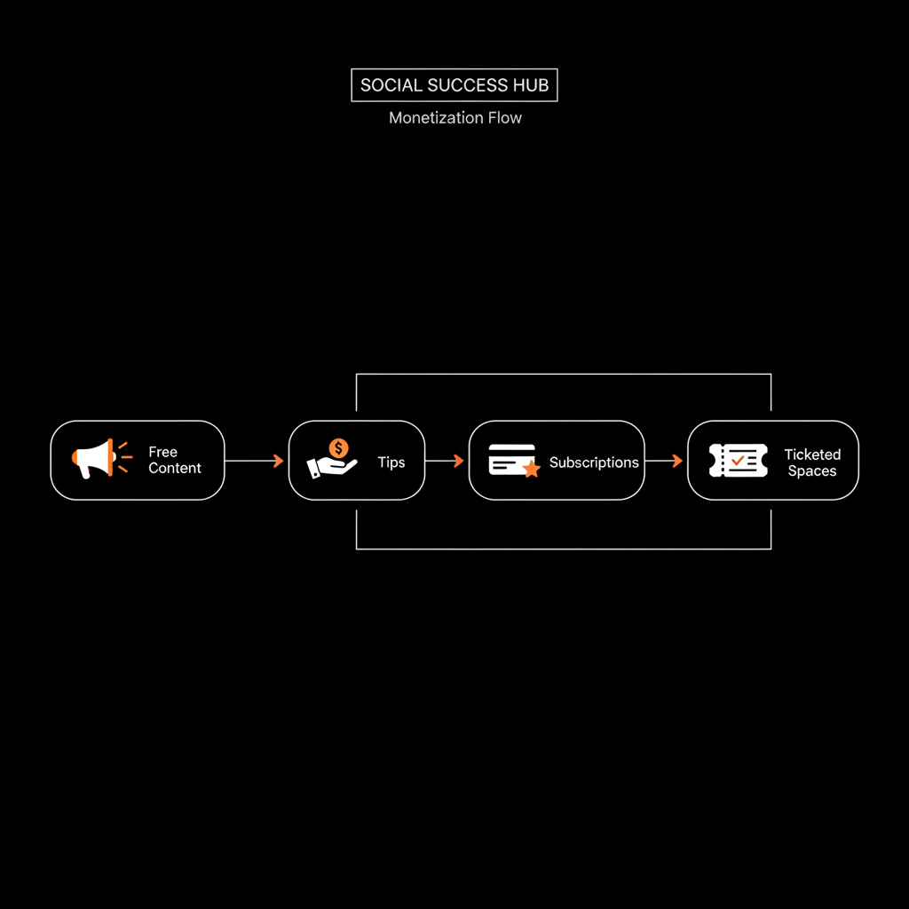 Minimal flowchart infographic showing progression from free content to tips, subscriptions, and ticketed Spaces with brand colors and icons. How to get paid on Twitter?