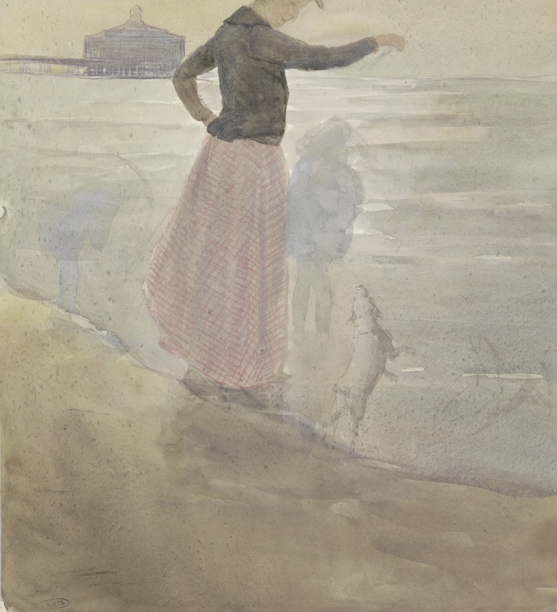 Vrouw met twee kinderen en een hondje aan het strand 1874   1927