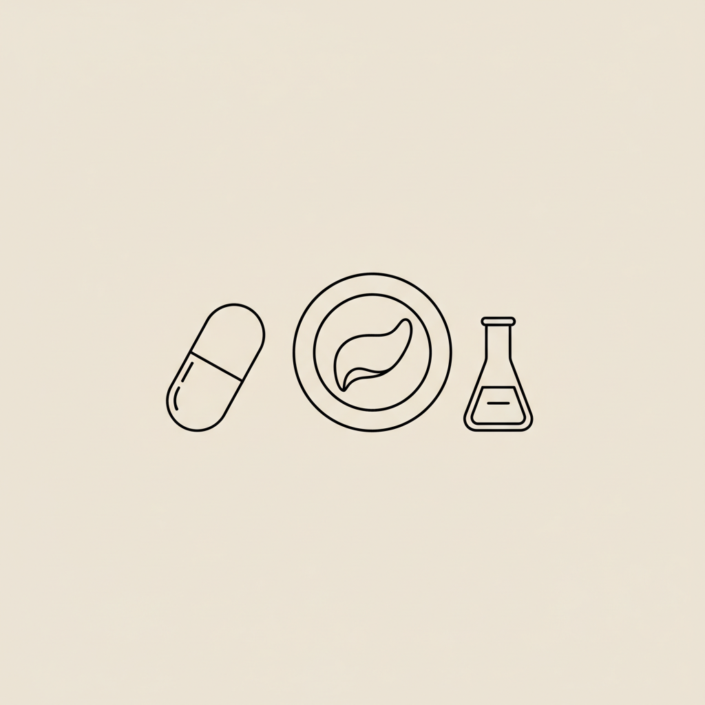 Minimal Tonum-style vector line illustration of a capsule, plate with a protein portion, and a small lab beaker on beige background representing rapid weight loss