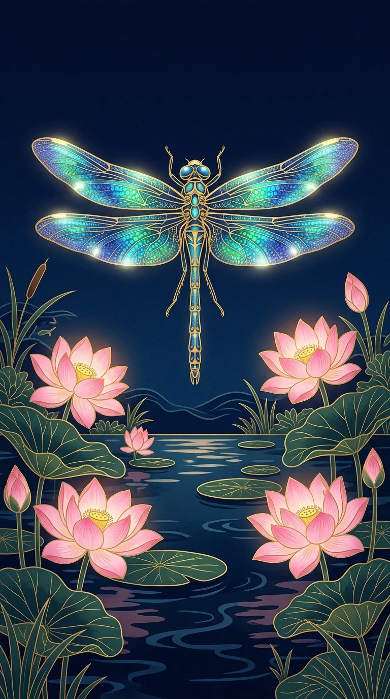 Stylized Dragonfly and Lotus Flowers Pond in Traditional Japanese Style - Free 4K mobile Wallpaper