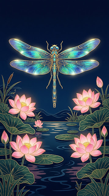 Stylized Dragonfly and Lotus Flowers Pond in Traditional Japanese Style - Free mobile Wallpaper