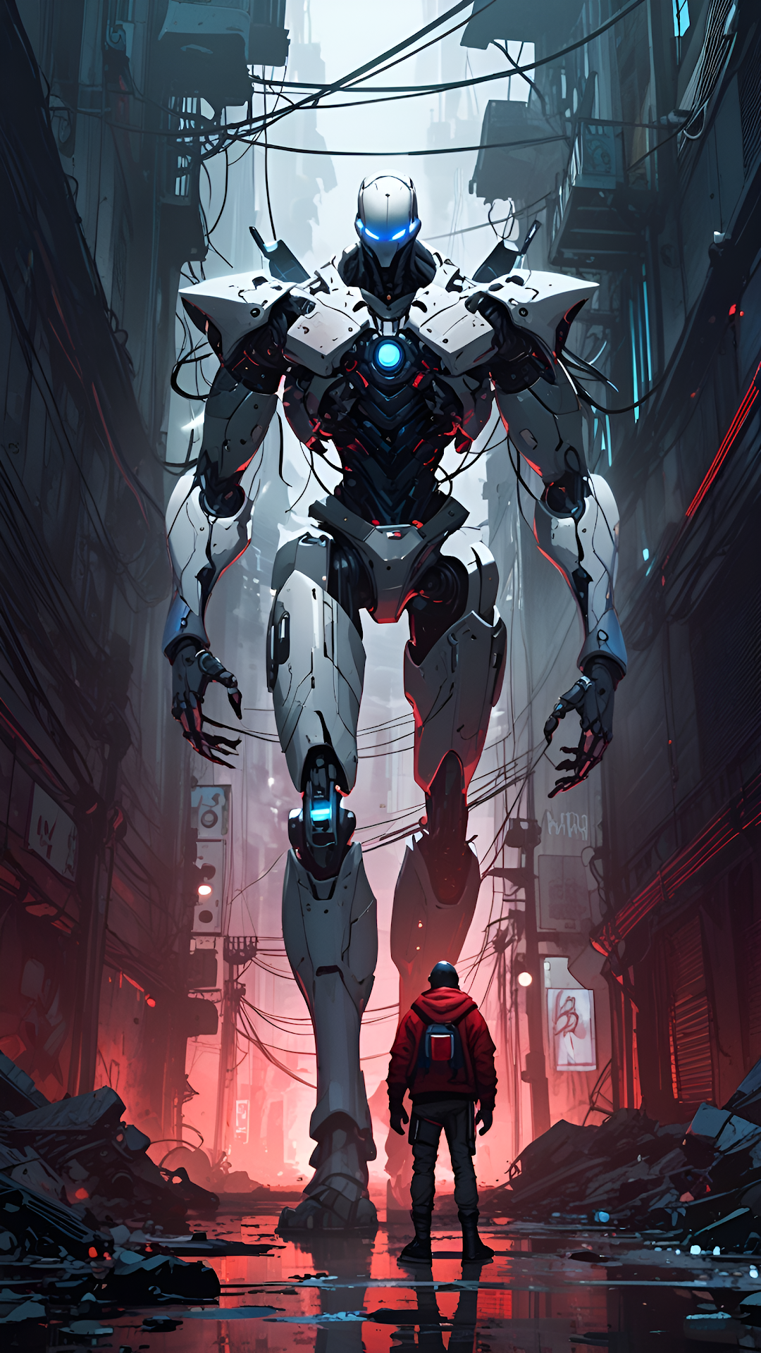 Giant Mech Confrontation in Dystopian Cyberpunk Alley - Free 4K mobile Wallpaper