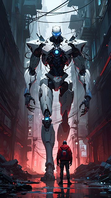 Giant Mech Confrontation in Dystopian Cyberpunk Alley - Free mobile Wallpaper