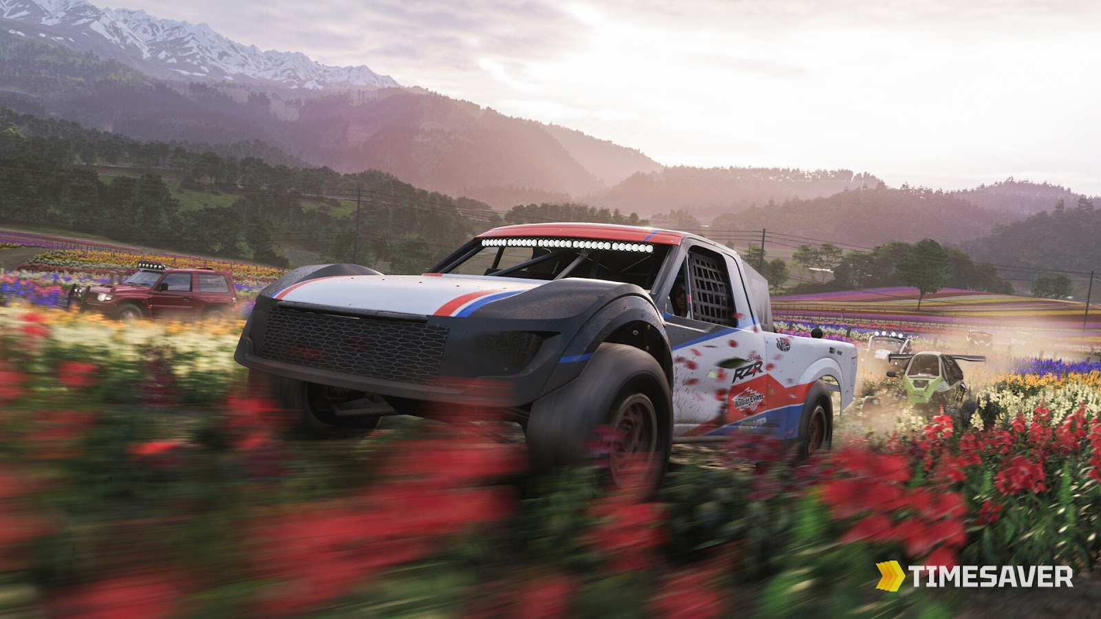 A pack of off-road vehicles racing together through the Japanese countryside in Forza Horizon 6 — the kind of multi-car field The Trial pits your team against.