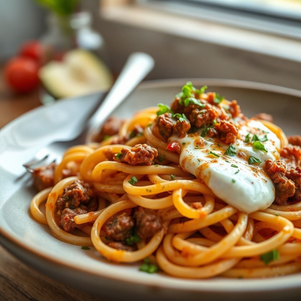 Easy Turkish Pasta with Spiced Beef and Garlic Yogurt – 40-Minute Weeknight Comfort finished