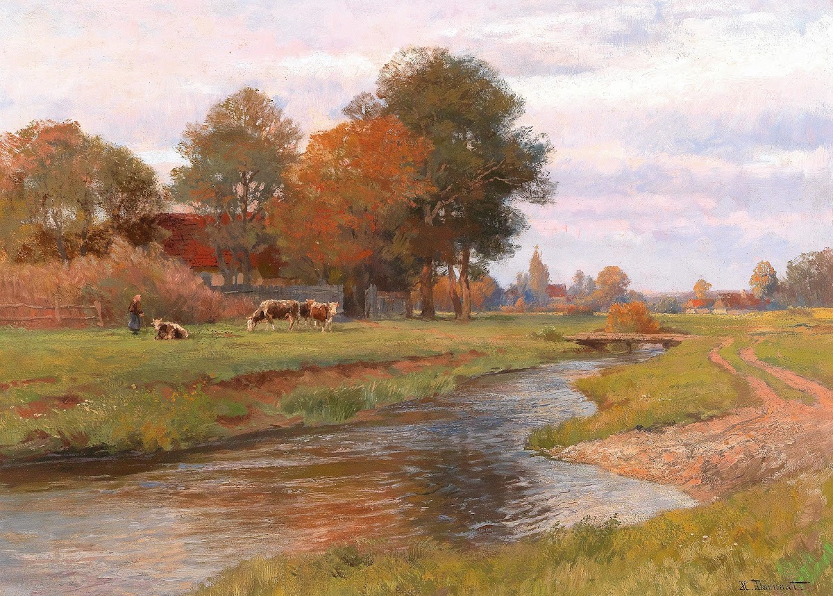 River Landscape with Small Herd of Cows and a Village in the background