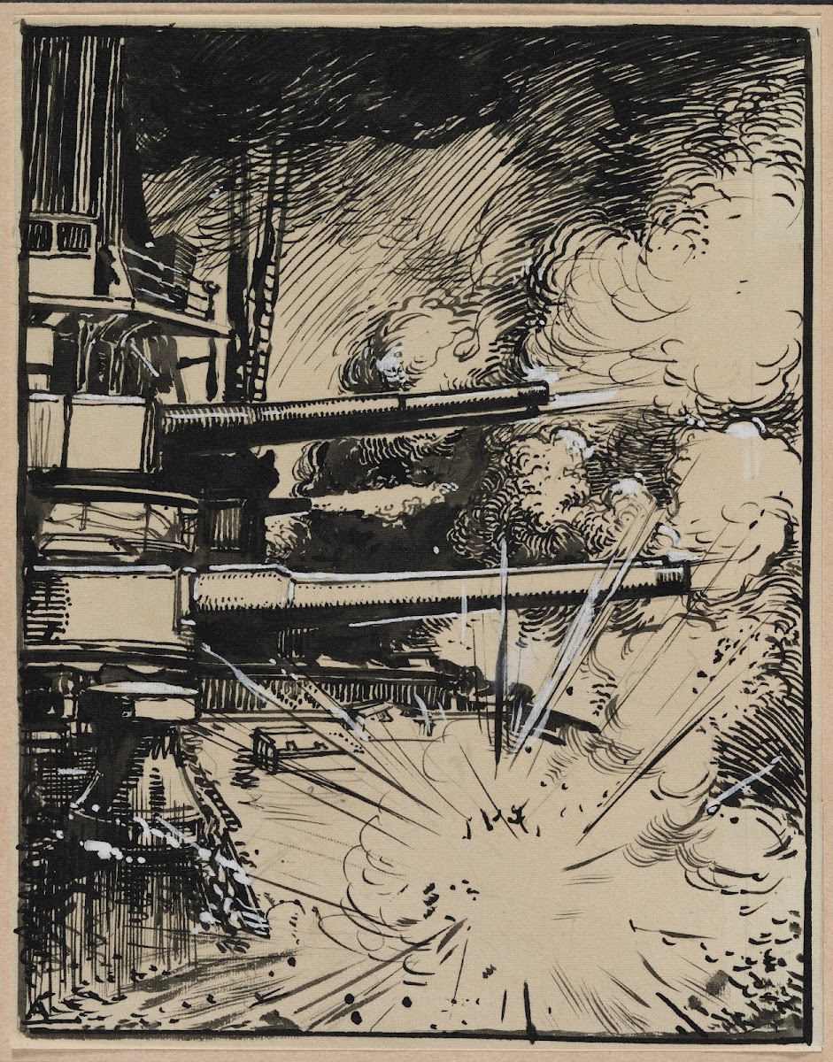 Bombe explosant sur un cuirasse aux canons braques 1914