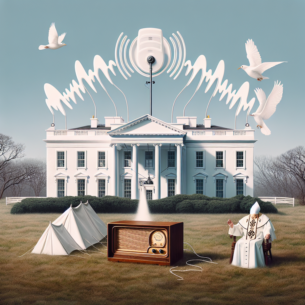 The White House with doves overhead and a seated figure in papal white on the lawn