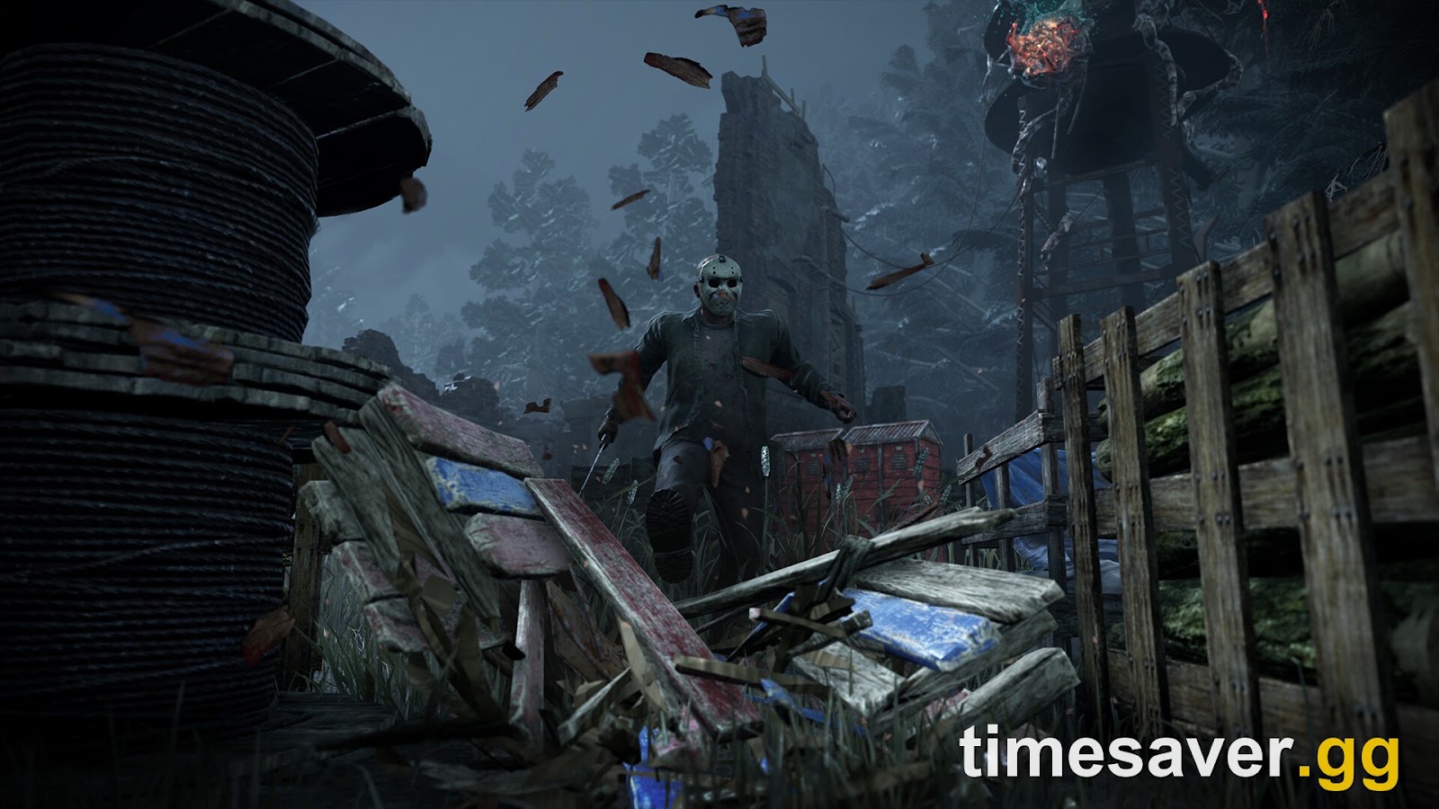 The Slasher advancing through flying splinters after breaking a wooden pallet in Dead by Daylight