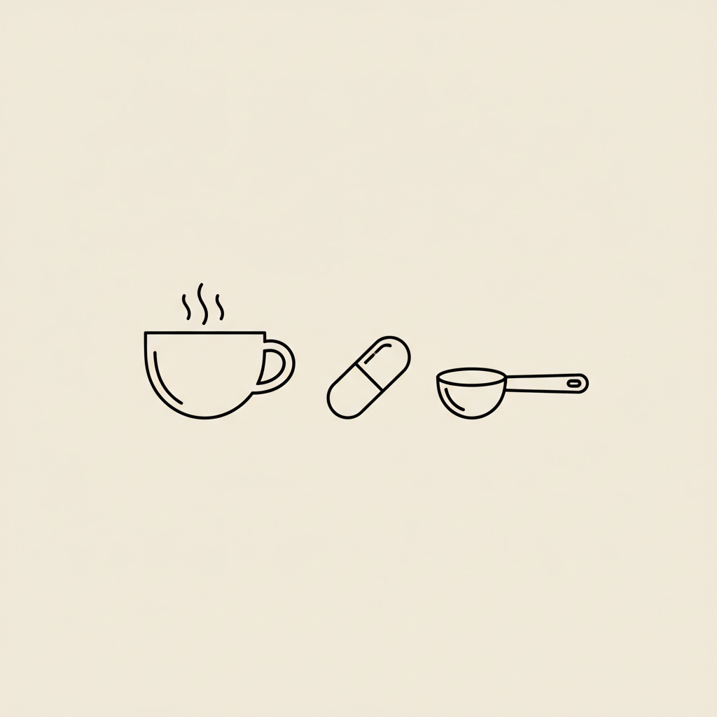 Minimalist Tonum-style line illustration of a coffee cup with steam, a measuring spoon and a capsule on beige background depicting does coffee burn fat