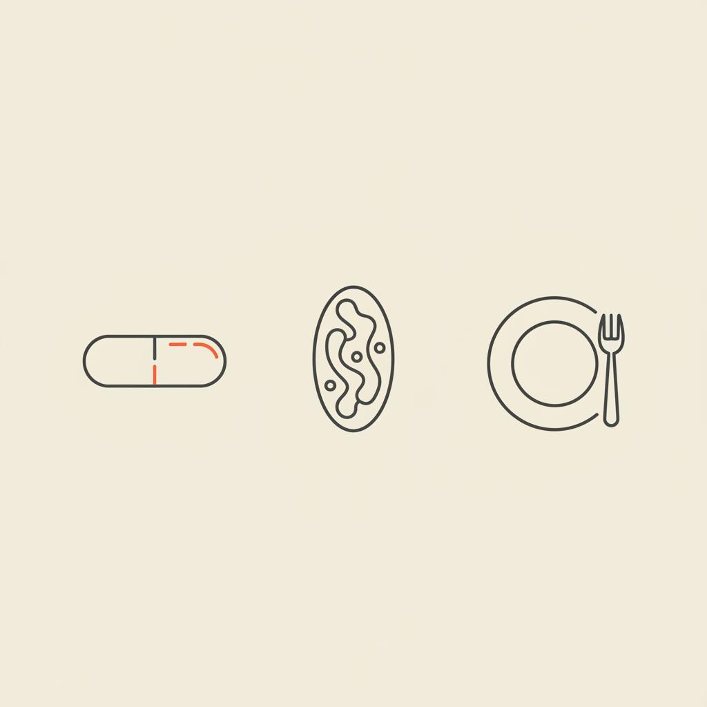 Minimal Tonum-style vector line illustration of a capsule, stylized mitochondrion and plate with fork on beige background, representing alpha-lipoic acid dosage for weight loss