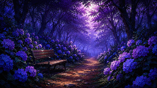 A wooden park bench alongside a dirt trail bordered by blooming purple hydrangeas beneath moonlight in a misty forest.