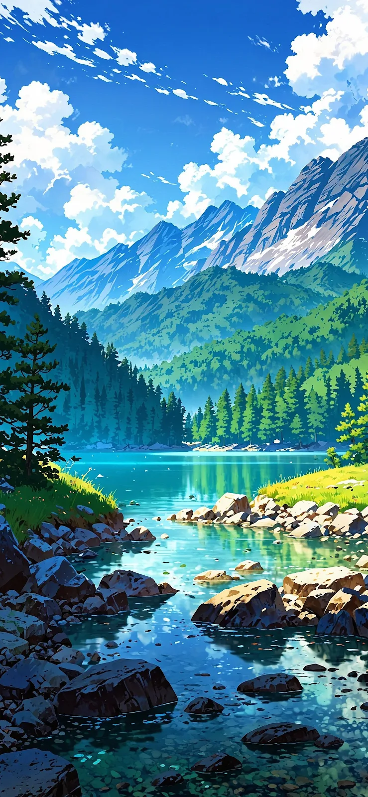 Serene Mountain Lake Landscape - Anime Digital Art 2K iPhone Wallpaper (1890x4094)