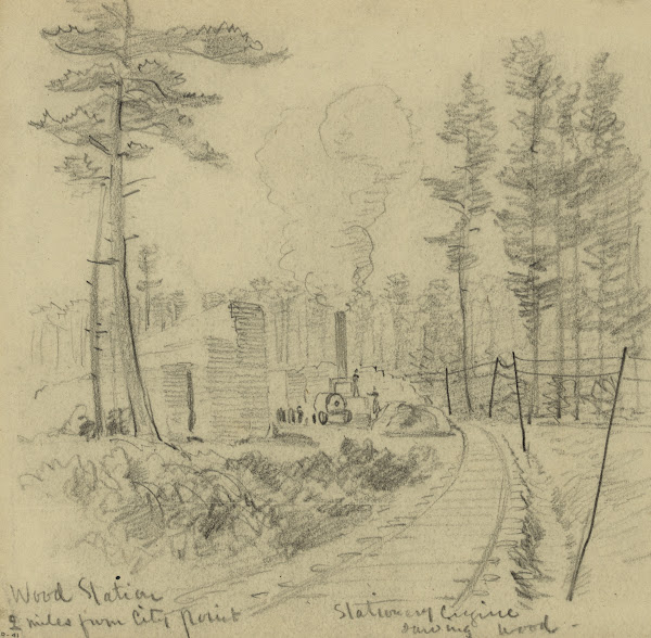 Wood Station 2 miles from City point Stationary engine sawing wood 1860 1865