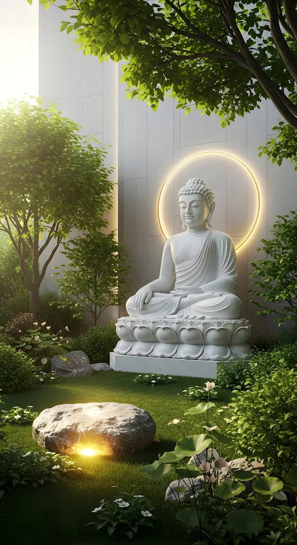 Serene White Buddha Statue with Neon Halo in Modern Zen Garden