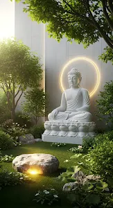 Serene White Buddha Statue with Neon Halo in Modern Zen Garden