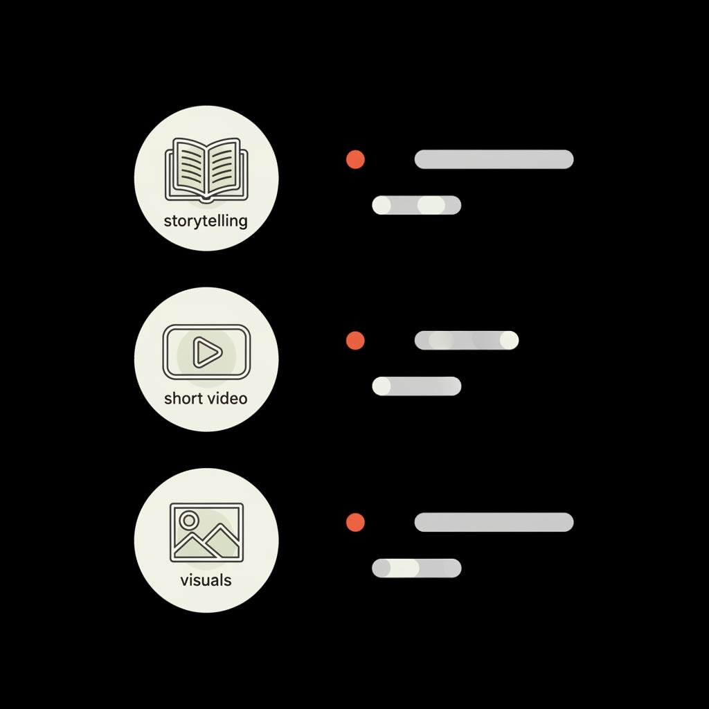 Minimal two-column 2D vector infographic with icons for storytelling, short video, and visuals paired with bullet highlights on dark background — How to login to Gmail without verification code?