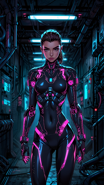 Futuristic Cyberpunk Warrior Woman Neon Pink Armor Suit - Free mobile Wallpaper