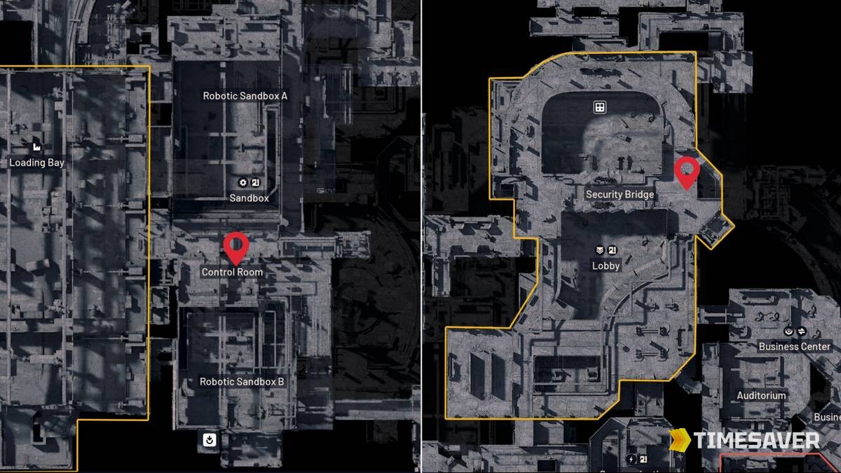 ARC Raiders annotated in-game maps with red location pins marking Medium Gun Parts Blueprint loot spots near the Control Room, Lobby and Security Bridge