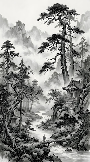 Monochromatic East Asian Ink Wash Forest Illustration - Free mobile Wallpaper
